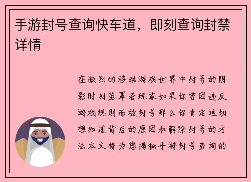 手游封号查询快车道，即刻查询封禁详情