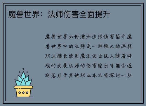 魔兽世界：法师伤害全面提升